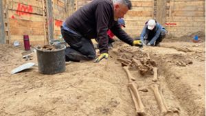 Archäologen legen Skelette in der Baugrube des Neubaus des Gästehauses des Landtags frei Foto: dpa/Oliver Auster