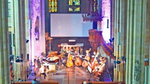 Acht Kontrabässe formierten sich „Gemeinsam für die Demokratie“ beim experimentellen Konzert „Atonal für Deutschland“ in der Esslinger Frauenkirche. Foto: Gaby Weiß