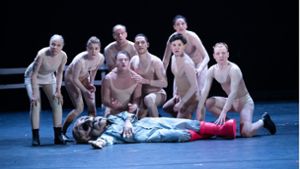 Der Bauer ist tot! Das „Farm der Tiere“-Ensemble am ersten Opfer Foto: Staatstheater/Björn Klein