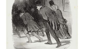 Auch feine Theaterbesucher müssen sich durch den Schnee kämpfen: Lithografie von Daumier von 1847. Foto: Privatsammlung