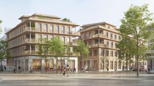 In Stuttgart Feuerbach entsteht bis 2025 ein ökologisch vorbildliches Wohnquartier, hier ein Holzhybridbau, entworfen von Fink + Jocher Architekten. Foto: Visualisierung/Neues Heim