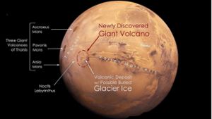 Neun Kilometer hoch und 450 Kilometer breit: Diese enormen Dimensionen hat der neu entdeckte Noctis-Vulkan auf dem Mars (rot eingekreist). Foto: © Pascal Lee/Sourabh Shubham/2024