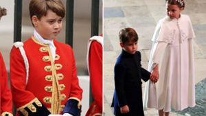 In der roten Uniform des Ehrenpagen: Prinz George. Prinzessin Charlotte hält Prinz Louis an der Hand. Foto: AFP/dpa