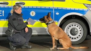 Eine Beamtin trainiert mit ihrem Hund für den Einsatz. Foto: Polizei/IMBW