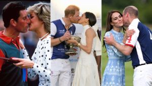 Beim Polo wird geküsst (von links): Prinz Charles und Prinzessin Diana, Prinz Harry und Herzogin Meghan und Prinzessin Kate und Prinz William. Foto: dpa/Rebecca Blackwell