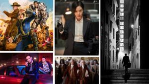 Einige unserer Streamingtipps im April: „Fallout“, „Parasyte: The Grey“, „Ripley“, „Franklin“ und „Crooks“  (von links oben im Uhrzeigersinn) Foto: Amazon, Netflix (3), Apple TV+