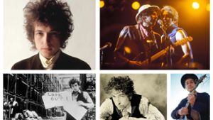 Die vielen Gesichter des Bob Dylan: mal mit Joan Baez (oben rechts), mal mit Allen Ginsberg (unten links), mal mit, mal ohne Gitarre. Sieben wichtige Songs, die die Vielfalt dieses Liederschreibers vorführen, stellen wir in unserer Bildergalerie vor. Foto: Sony (4), imago