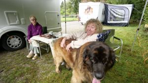 Louise Baldwin (rechts) und Madeleine Jephcott (links) sind für die Clubschau der Leonberger Hunde aus Großbritannien angereist. Foto: Simon Granville