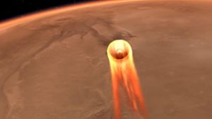 Die künstlerische Darstellung zeigt die Landung der Sonde auf dem Mars. Foto: NASA/JPL-Caltech