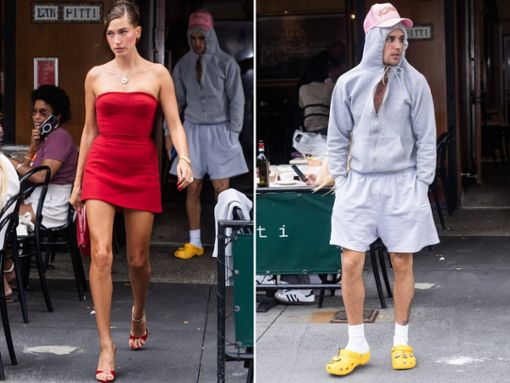 Ungleiches Paar: Während sich Hailey Bieber herausputzte, kam Ehemann Justin im Jogginganzug zu ihrem Event. Foto: imago/Cover-Images