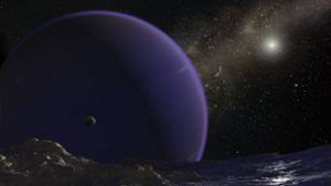 Künstlerische Darstellung der Eiswelt von Planet Neun. Im Hintergrund ist Neptun zu sehen. Foto: Imago/StockTrek Images/Steven Hobbs