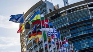 Die Flaggen der Europäischen Union, der Ukraine und der Mitgliedsstaaten der EU vor dem Gebäude des Europäischen Parlaments in Straßburg. Foto: Philipp von Ditfurth/dpa