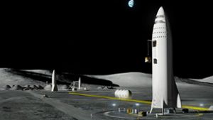 Die von dem Raumfahrtunternehmen SpaceX zur Verfügung gestellte Computergrafik zeigt ein geplantes Raumschiff und die „Mars City“ auf dem Mars. Foto: Press Association Images
