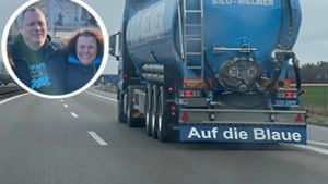 Joachim Geiger aus Stuttgart: „Auf die Blaue“ prangt auf österreichischem Lkw