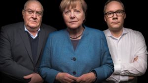 Angela Merkel mit dem ehemaligen Bundesrichter Thomas Fischer (links) und dem Journalisten Holger Schmidt. Foto: SWR/Oliver Reuther