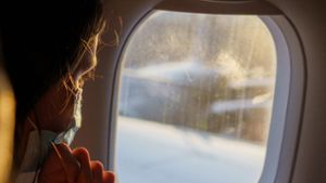 Ein  Fluggast mit Maske schaut vor dem Start aus dem Fenster. Die zuständigen EU-Behörden haben damit begonnen, ihre Corona-Maßnahmen für den Luftverkehr zu lockern. Foto: dpa/Andreas Arnold