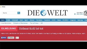 Welt Online erklärt Helmut Kohl fälschlicherweise für tot. Foto: https://twitter.com/medienrauschen