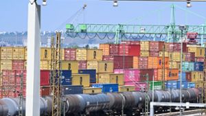 Frachtcontainer stapeln sich am Neckarhafen in Stuttgart. Logistikprobleme und steigende Energiekosten prägen unter anderem die düsteren Erwartungen der  Firmenchefs im Ifo-Geschäftsklimaindex. Foto: dpa/Bernd Weißbrod