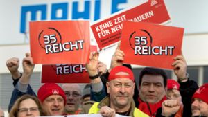 Mitglieder der IG Metall demonstrieren Anfang 2018  vor den Werkstoren des Unternehmens Mahle Filtersysteme in Brandenburg für die  35-Stunden-Woche. Foto: dpa/Ralf Hirschberger