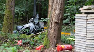 Trümmerfeld im Wald: Beim Absturz eines Hubschraubers in Buchen sterben drei Menschen. Foto: dpa/Sebastian Gollnow