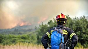 Nach dem Brand ist vor dem Brand: Ein Feuerwehrmann beobachtet im Sommer 2023 in Mittelgriechenland das Wiederaufflammen eines Feuers. Foto: imago//Nasos Simopoulosi