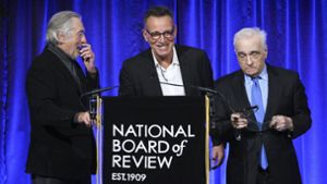 Robert De Niro (l.), Martin Scorsese (r.) und Al Pacino erhalten von Musiker Bruce Springsteen (m.) den NBR Icon-Award für ihr Lebenswerk. Foto: AP/Evan Agostini