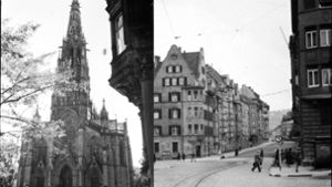 Die Johannesstraße beginnt an der Johanneskirche (links) und endet am Hölderlinplatz. Begleiten Sie uns auf dem virtuellen Spaziergang durch die Straße im Jahr 1942. Foto: Stadtarchiv /Collage: Plavec