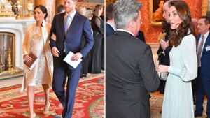 Zu Prinz Charles’ Ehren gab es im Buckingham Palace einen Empfang. Auch Prinz Harry und Herzogin Meghan (links) sowie Prinz William und Herzogin Kate kamen. Foto: dpa/AFP