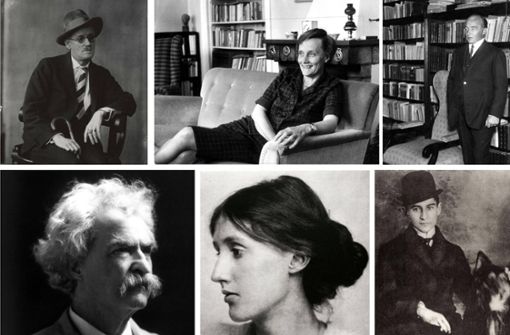 Hätten alle den Literatur-Nobelpreis verdient gehabt – gingen aber leer aus: James Joyce, Astrid Lindgren, Robert Musik, Franz Kafka, Virginia Woolf und Mark Twain (von links oben im Uhrzeigersinn). Foto:  