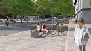 Fußgänger und Radler sollen am König-Wilhelm-Platz Lust aufs Verweilen bekommen. Foto: Lebendige Ortsmitten für BW, 2024