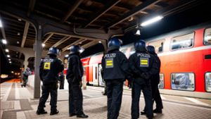 Einsatzkräfte der Bundespolizei stehen am Bahnhof Bergedorf an einem Regionalzug. Foto: dpa