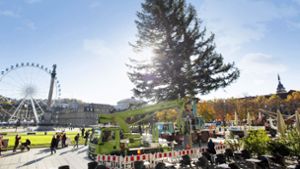 Riesenrad und  Weihnachtsbaum: die Weißtanne ist jetzt auf dem Schlossplatz frisch gesetzt, eine Vorbotin  des Weihnachtsmarkts. Foto: Lichtgut/Leif Piechowski
