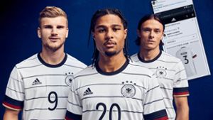 Mit diesen Trikots laufen Timo Werner, Serge Gnabry und Nico Schulz (v.l.n.r.) bei der EM 2020 auf. Foto: adidas/dpa