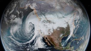 Das globale Wetter gerät  aus den Fugen:  Die Satellitenaufnahme zeigt, wie sich  am 4. Januar 2023 ein gewaltiger Wirbelstum der kalifornischen Küste nähert. Foto: Imago/ZUMA Wire/NOAA