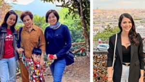 Bosch-Mitarbeiterin Kanchalika  Borriboon (auf dem linken Bild rechts) besuchte in Nordthailand ihre Schwester, Mutter und ihren Neffen. Palwasha Hashimi (Bild rechts) kombinierte bei Mercedes auf einer Paris-Reise Arbeit und Urlaub. Foto: privat