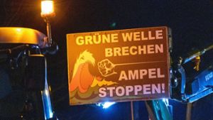Plakat mit der Aufschrift Grüne Welle brechen - Ampel stoppen während eines Bauernprotestes. Foto: Stefan Sauer/dpa