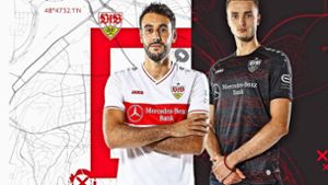 Hamadi Al Ghaddioui im neuen weißen Heim-, Sasa Kalajdzic im schwarz-roten Auswärtstrikot. Foto: VfB