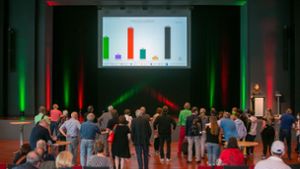 Wahlabend. Das Ergebnis wird in der Halle des Neckar-Forums präsentiert. Foto: Roberto Bulgrin