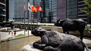 Im Hongkonger Finanzdistrikt wachen nicht die Börsenmaskottchen Bulle und Bär, sondern zwei Wasserbüffel – sie sind in der Region beheimatet. Foto: AFP/PHILIPPE LOPEZ