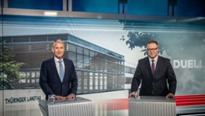 Das TV-Duell der Spitzenkandidaten für die Landtagswahl in Thüringen: Björn Höcke (AfD, l) und Mario Voigt (CDU). Foto: Michael Kappeler/dpa