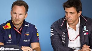 Red-Bull-Teamchef Christian Horner (li.) und Mercedes-Motorsportchef Toto Wolff sind nicht gut aufeinander zu sprechen. Foto: dpa/Georg Hochmuth