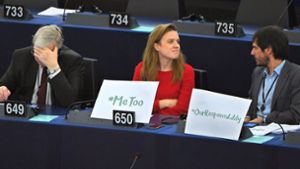 Die grüne Europaabgeordnete Terry Reintke positioniert sich bei einer Debatte im EU-Parlament als Unterstützerin des digitalen #metoo-Aufschreis. Foto: AFP