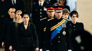 Prinz William und Prinz Harry zwischen den acht Enkeln und Enkelinnen der Queen. Foto: AFP/AARON CHOWN