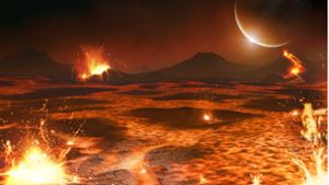 Flug über einen Vulkansee: So stellt sich ein Space-Artist die Loki Patera, den  Vulkan auf dem Jupitermond Io, vor. Foto: Imago/Science-Photo Library
